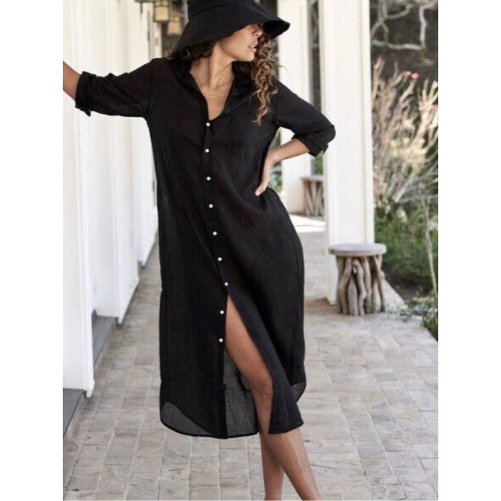 FRANK & EILEEN Rory Famous Denim Cotton Button Up Shirt Dress Black - XS